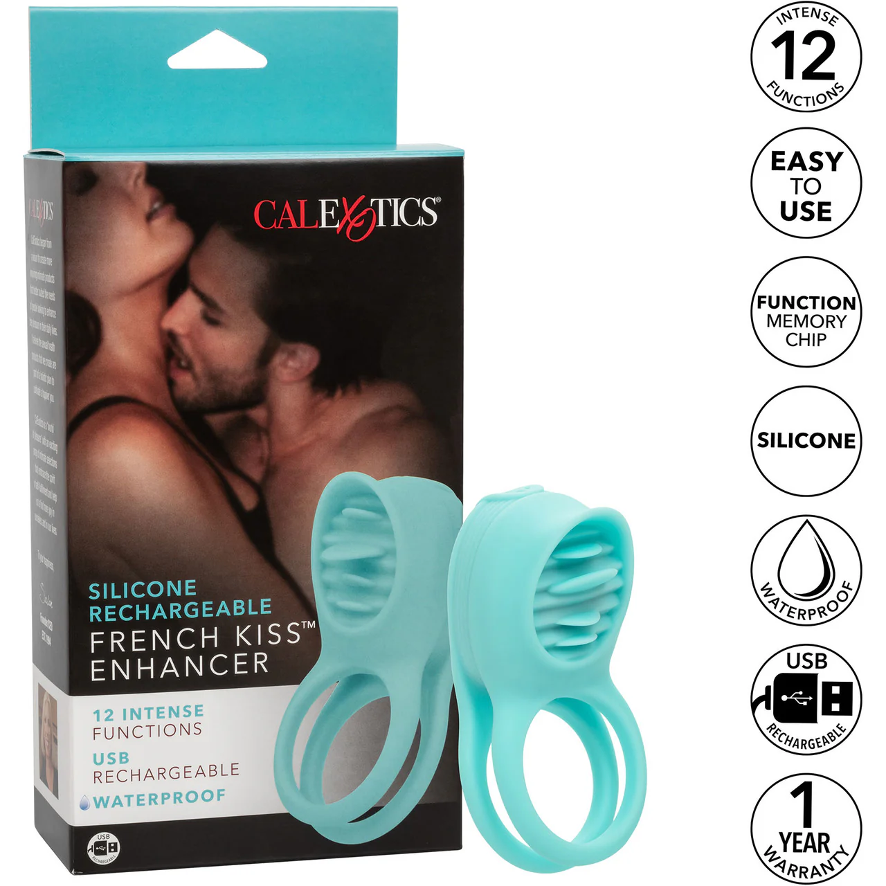 French Kiss Enhancer Silicone Rechargeable Waterproof Cock Ring By CalExotics - Blue - Image 11