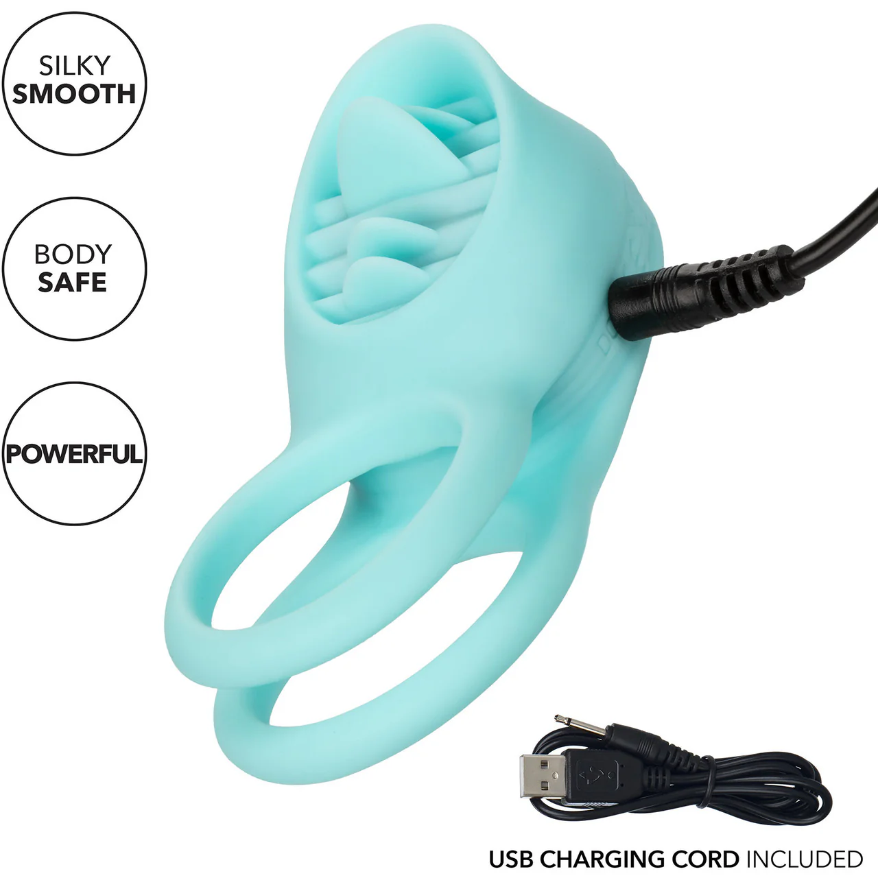 French Kiss Enhancer Silicone Rechargeable Waterproof Cock Ring By CalExotics - Blue - Image 9