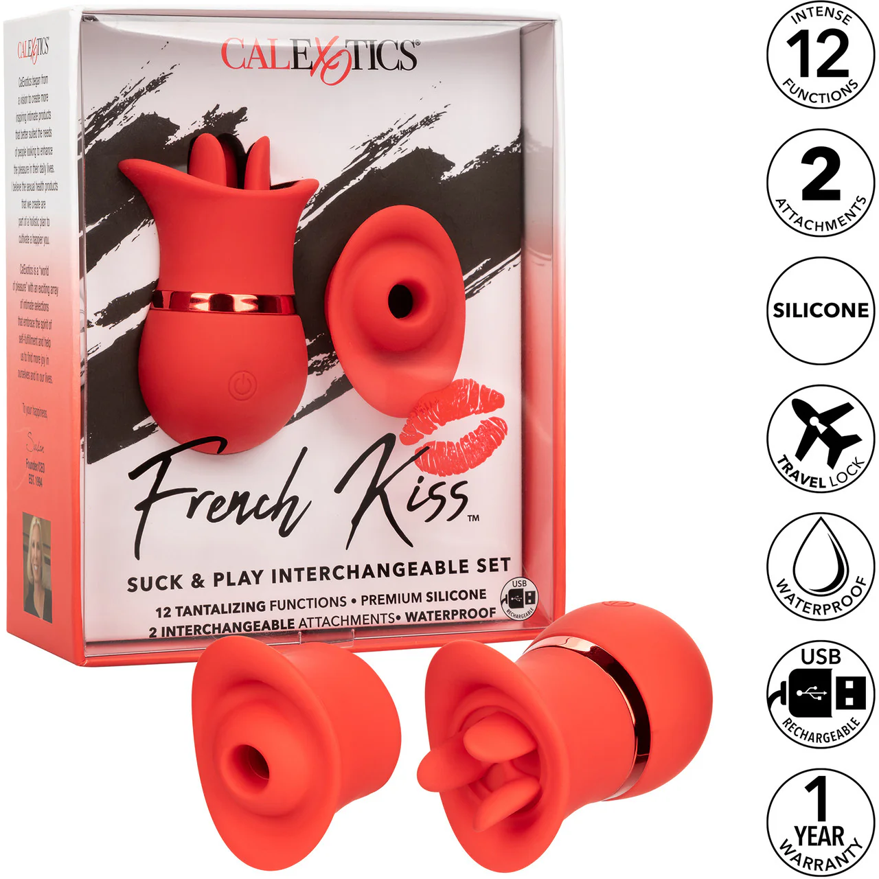 French Kiss Suck & Play Rechargeable Waterproof Silicone Interchangeable Set By CalExotics - Red - Image 15