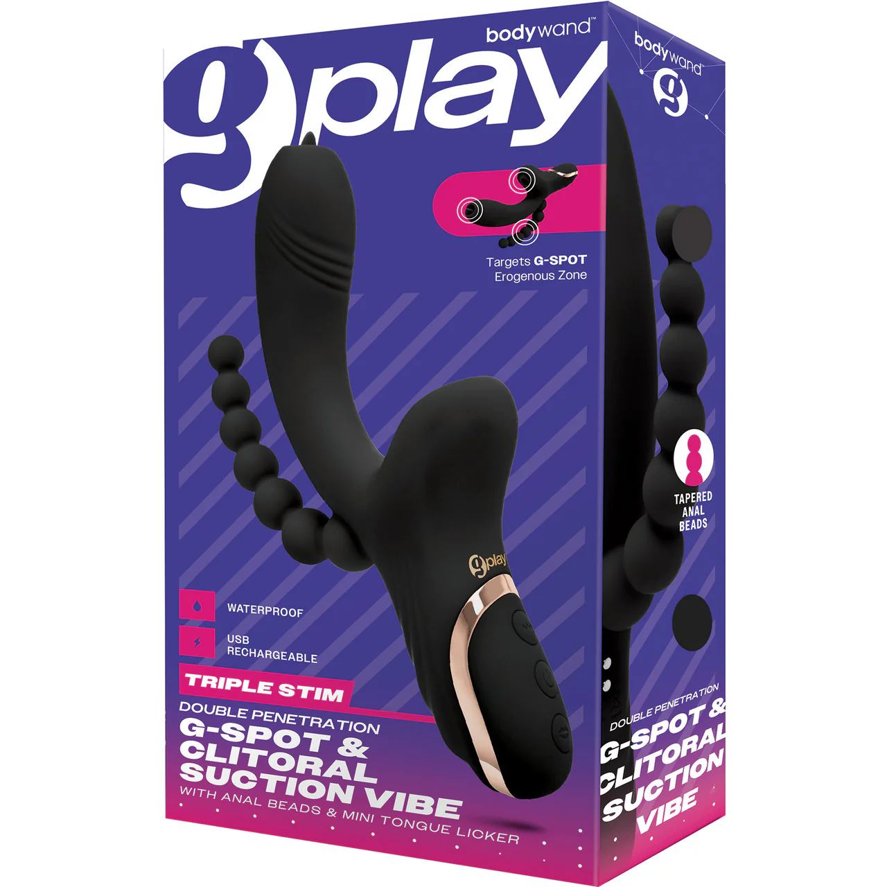 G-Play Triple Stim Flickering Tongue G-Spot & Clitoral Suction Vibrator With Anal Beads By Bodywand - Black - Image 3
