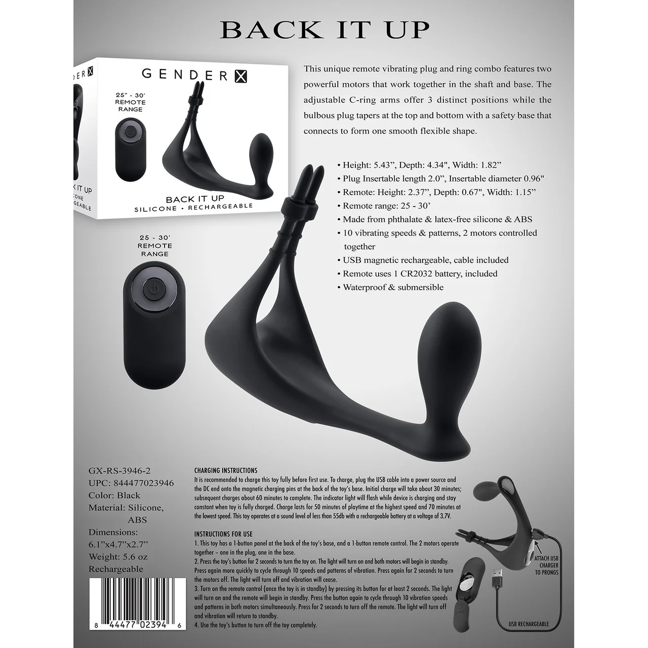 Gender X Back It Up Rechargeable Waterproof Silicone Vibrating Cock Ring & Anal Plug With Remote - Image 11