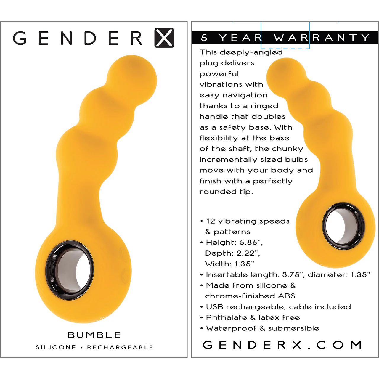 Gender X Bumble Rechargeable Waterproof Silicone Vibrating Beaded Anal Probe - Yellow - Image 7