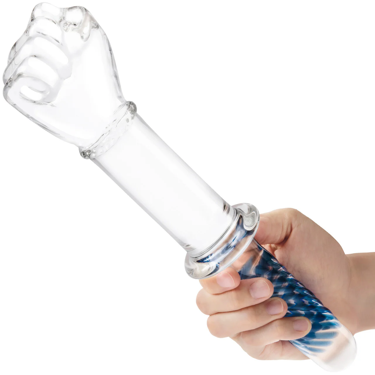Gläs 11" Glass Fist Double Ended Dildo With Handle - Clear & Blue - Image 2