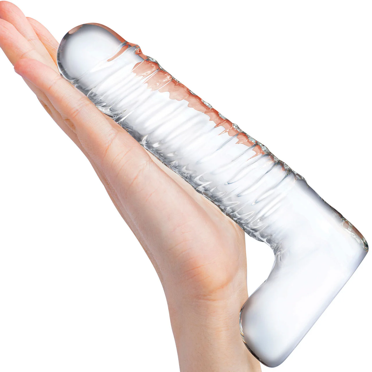 Gläs 8" Realistic Ribbed Glass Dildo With Balls - Clear - Image 2