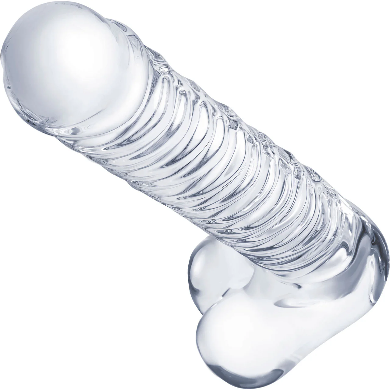 Gläs 8" Realistic Ribbed Glass Dildo With Balls - Clear - Image 3