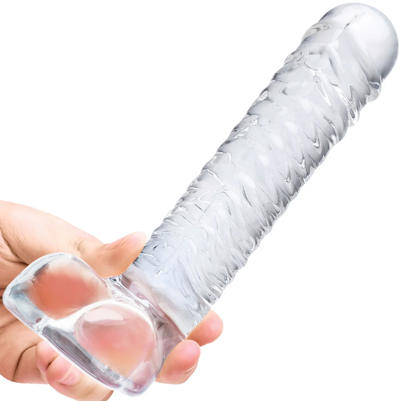 Gläs 8" Realistic Ribbed Glass Dildo With Balls - Clear - Image 4