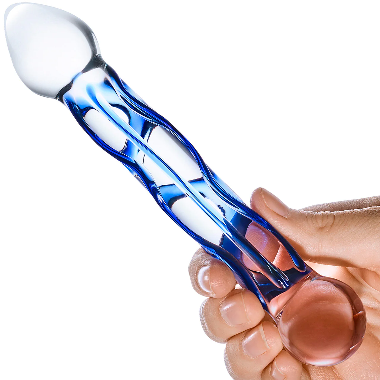 Gläs Full Tip Textured Glass Dildo - Clear & Blue - Image 3