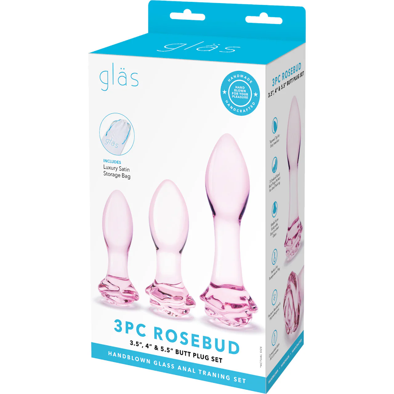 Gläs Rosebud Glass Butt Plug 3 Piece Anal Training Set - Pink - Image 6
