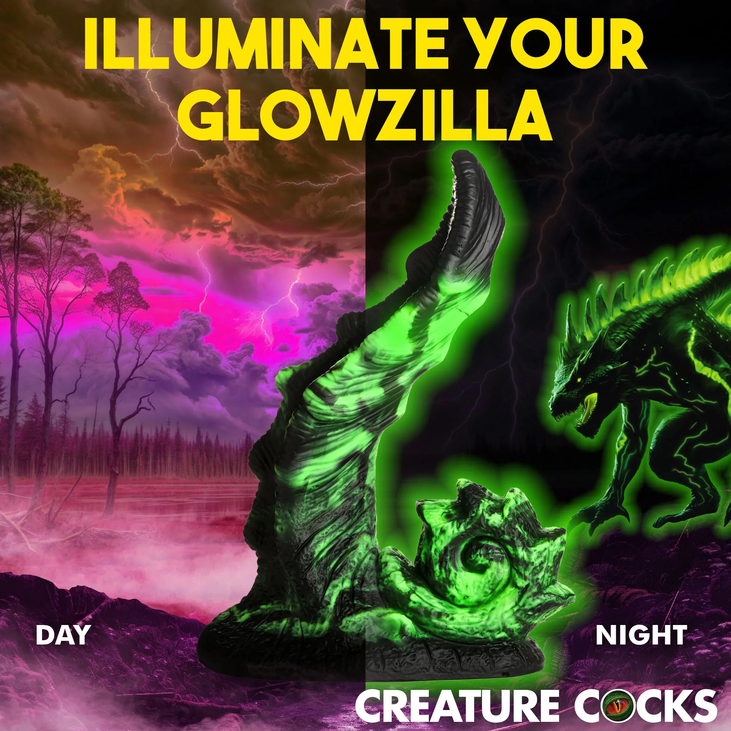 Glowzilla Glow-in-the-Dark 7.8" Silicone Suction Cup Dildo By Creature Cocks - Image 4