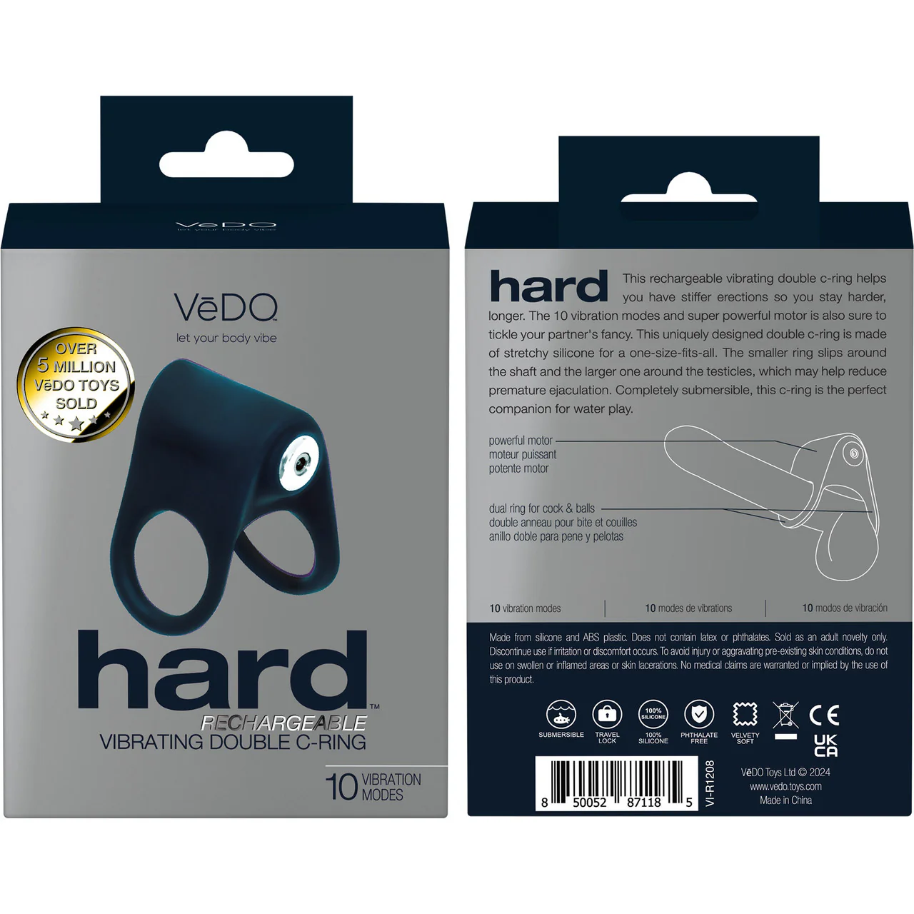 HARD Rechargeable Waterproof Silicone Vibrating Double C-Ring By VeDO - Black - Image 4