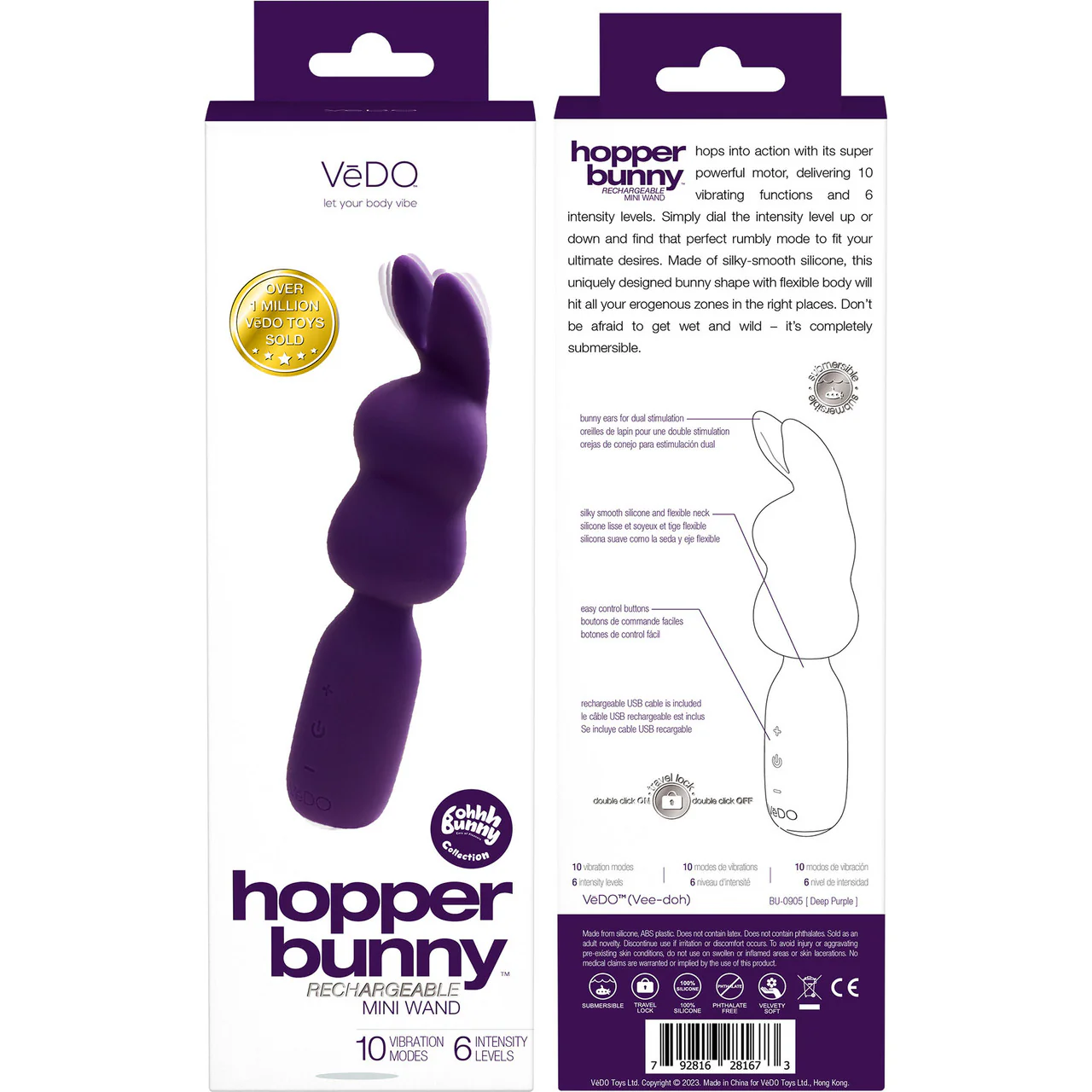Hopper Bunny Rechargeable Waterproof Silicone Mini Wand Vibrator By VeDO - Deep Purple - Image 4