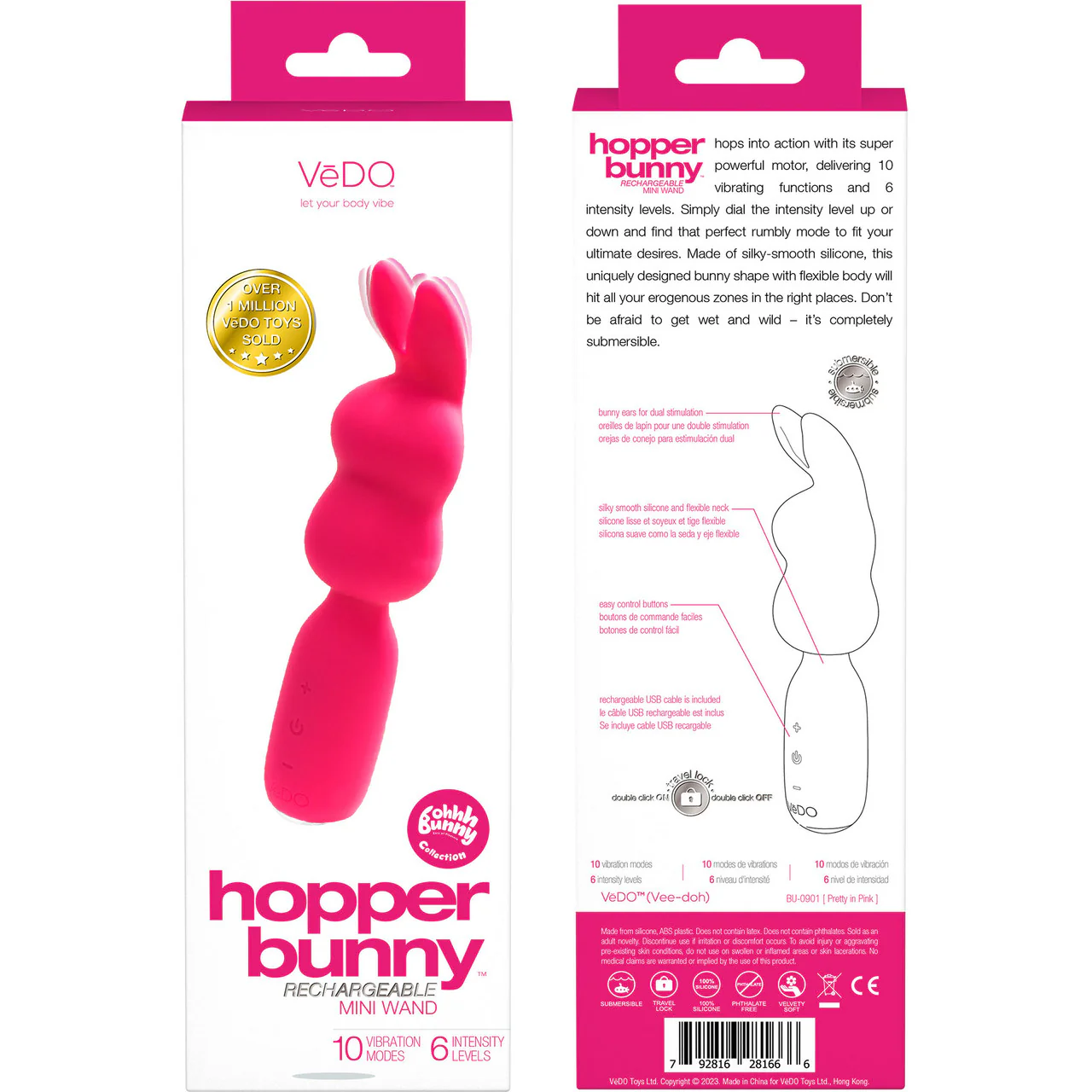 Hopper Bunny Rechargeable Waterproof Silicone Mini Wand Vibrator By VeDO - Pretty In Pink - Image 4