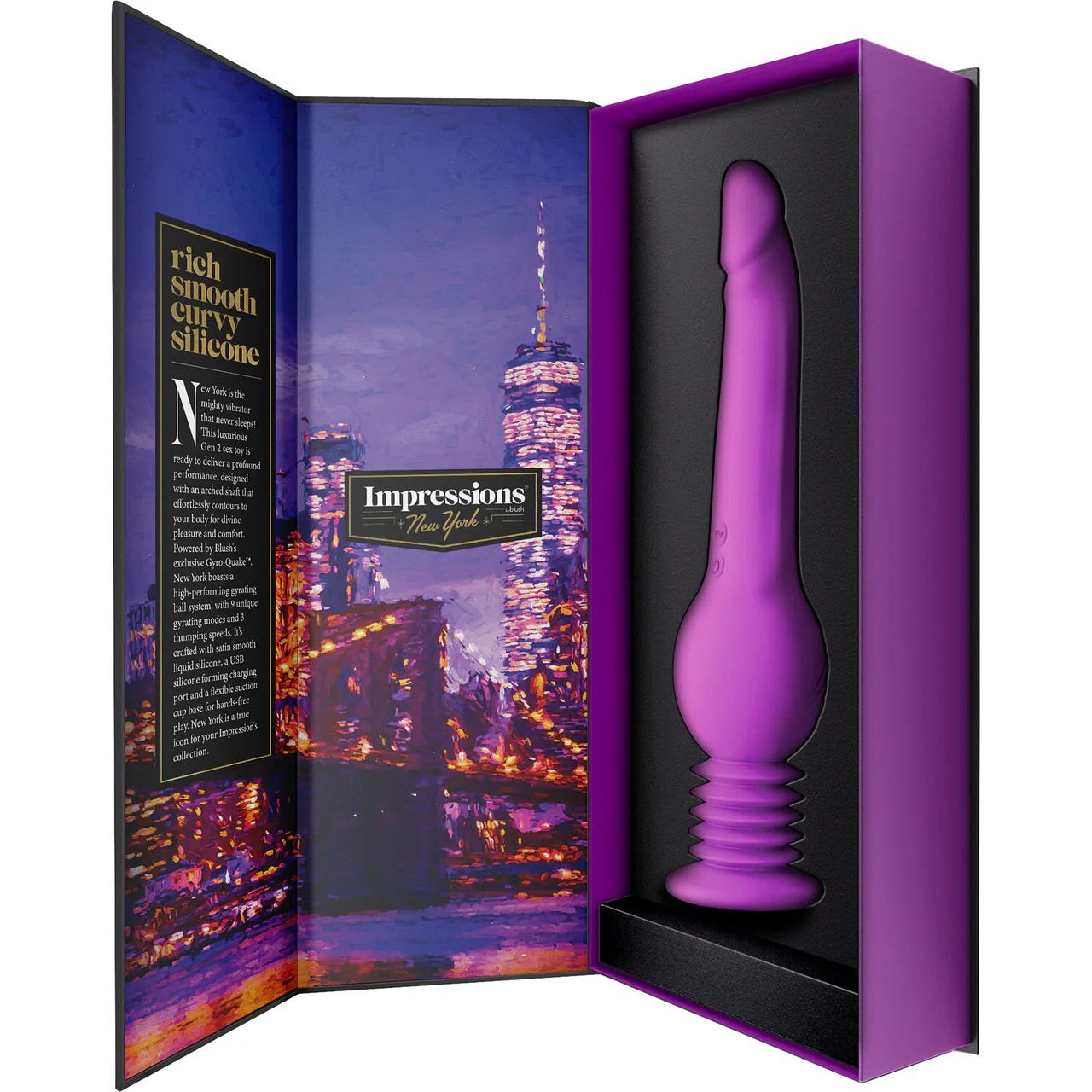 Impressions New York Gyro-Quake Rechargeable Thumping Vibrating Silicone Dildo By Blush - Purple - Image 9