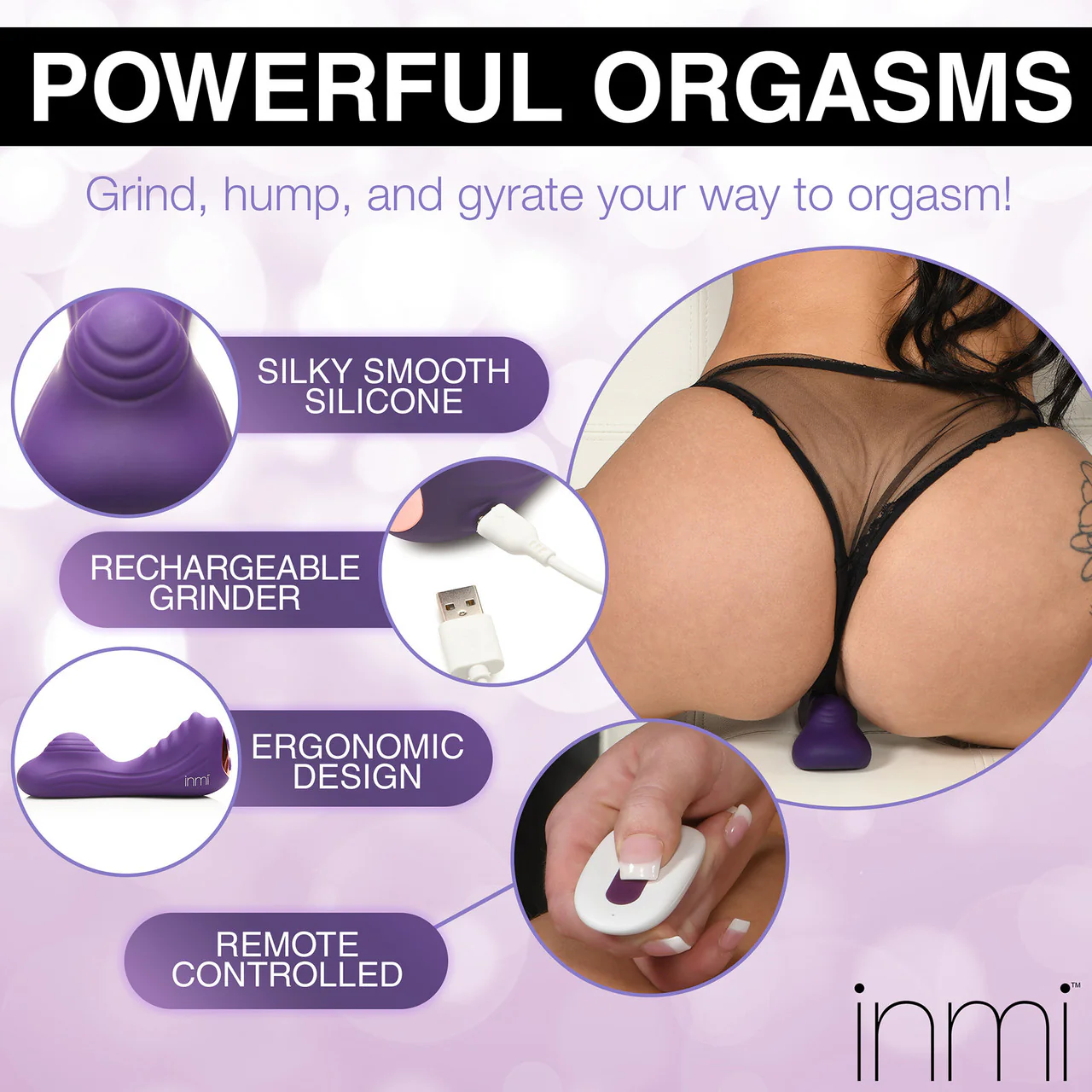 INMI Ride N' Grind 10X Rechargeable Waterproof Silicone Vibrating Grinder With Remote - Purple - Image 8