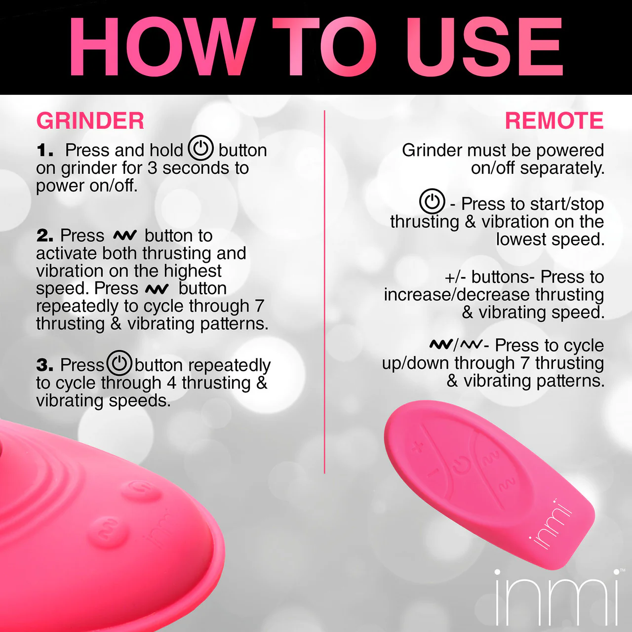 Inmi Spin 'N' Grind Rotating & Vibrating Silicone Rechargeable Grinder With Remote - Pink - Image 15
