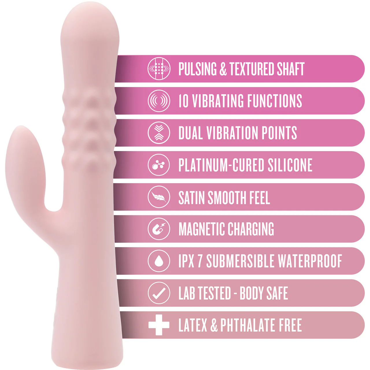 Jaymie Rechargeable Waterproof Silicone Rabbit Vibrator With Pulsating Shaft By Blush - Pink - Image 5
