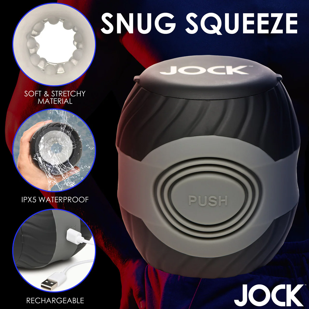 Jock 10X Vibrating & Squeezable Rechargeable Open Ended Penis Stroker - Image 15
