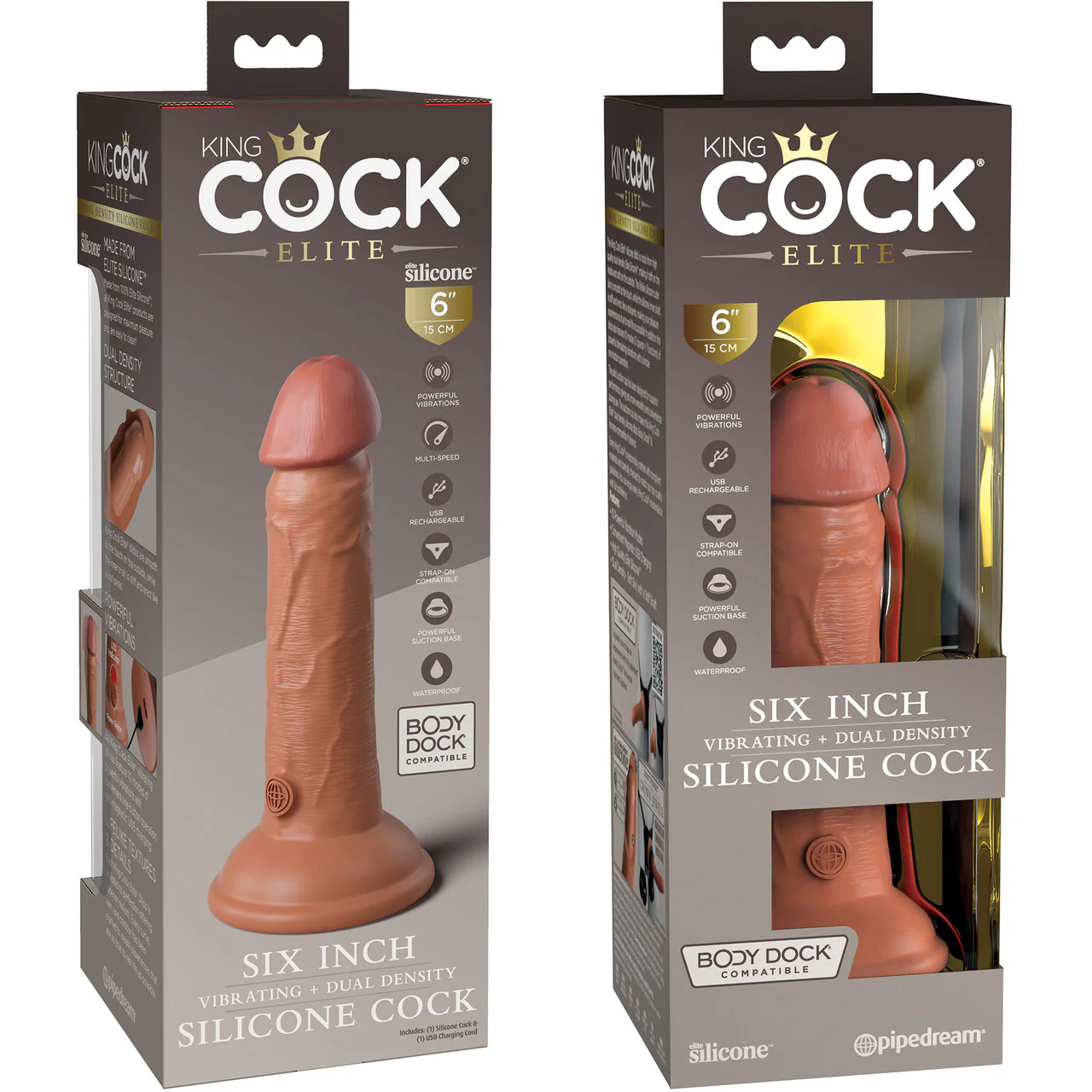King Cock Elite Dual Density 6" Vibrating Silicone Suction Cup Dildo - Caramel - Image 6