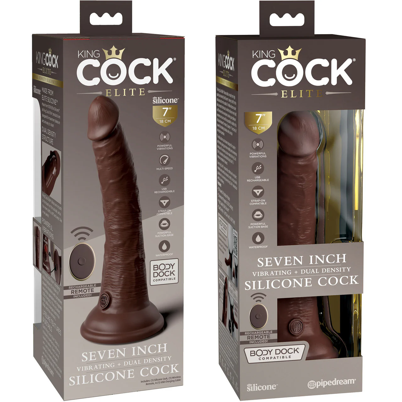 King Cock Elite Dual Density 7" Vibrating Silicone Suction Cup Dildo With Remote - Chocolate - Image 6