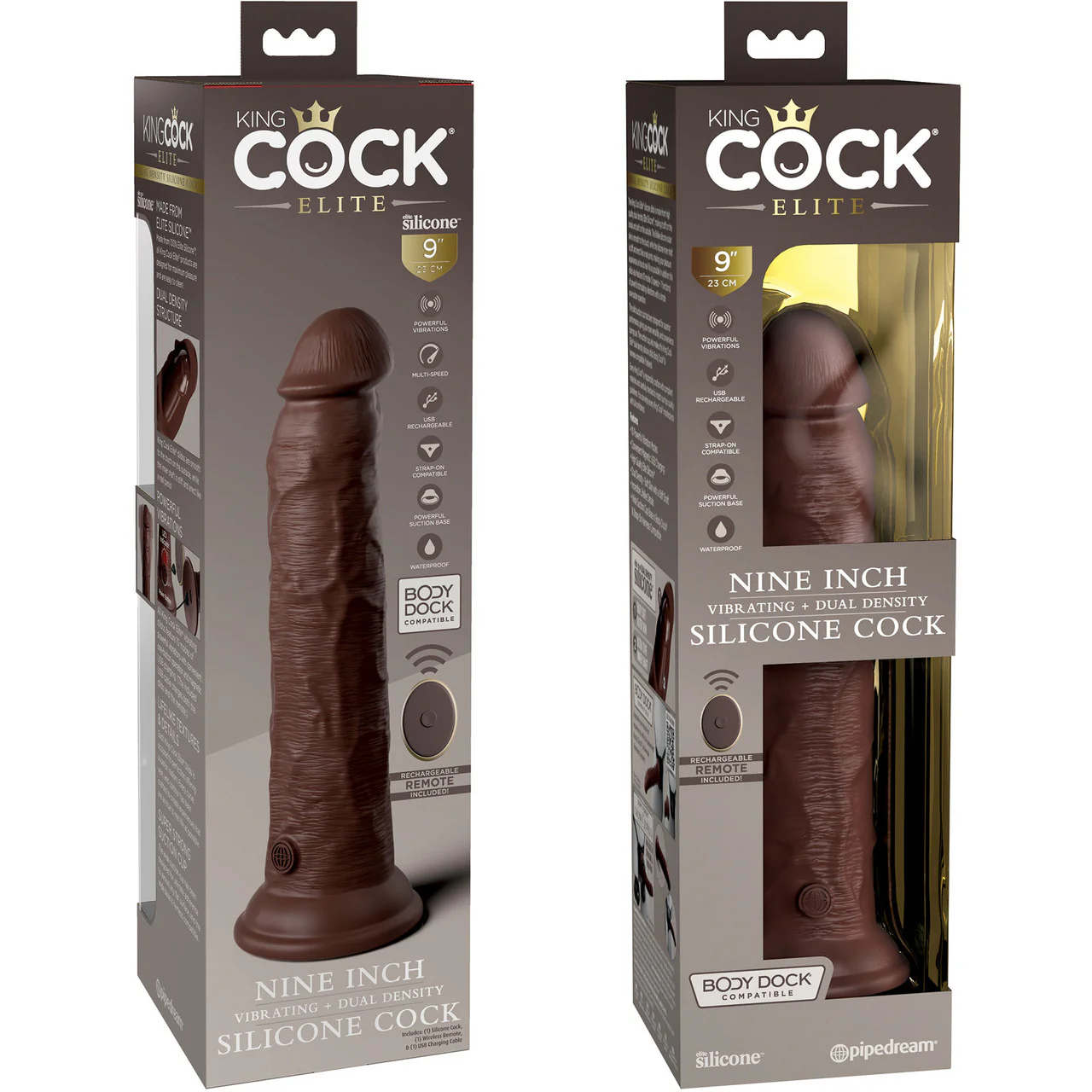 King Cock Elite Dual Density 9" Vibrating Silicone Suction Cup Dildo With Remote - Chocolate - Image 7