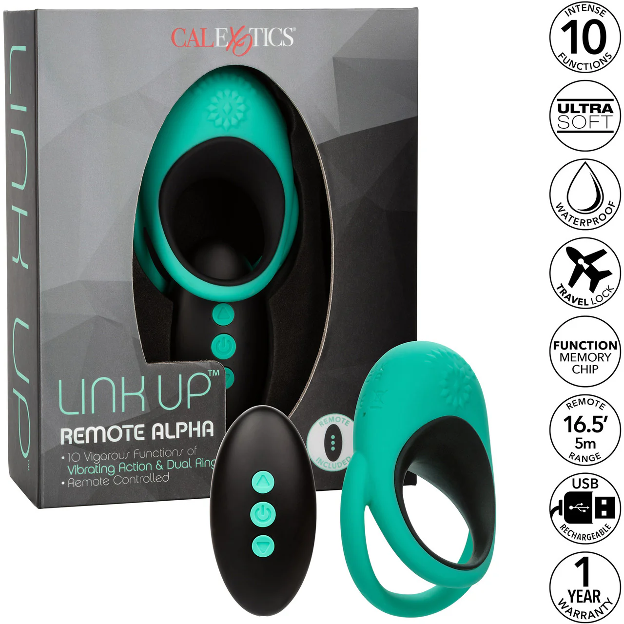 Link Up Remote Alpha Silicone Rechargeable Vibrating Dual Ring Cock Ring With Remote By CalExotics - Image 14