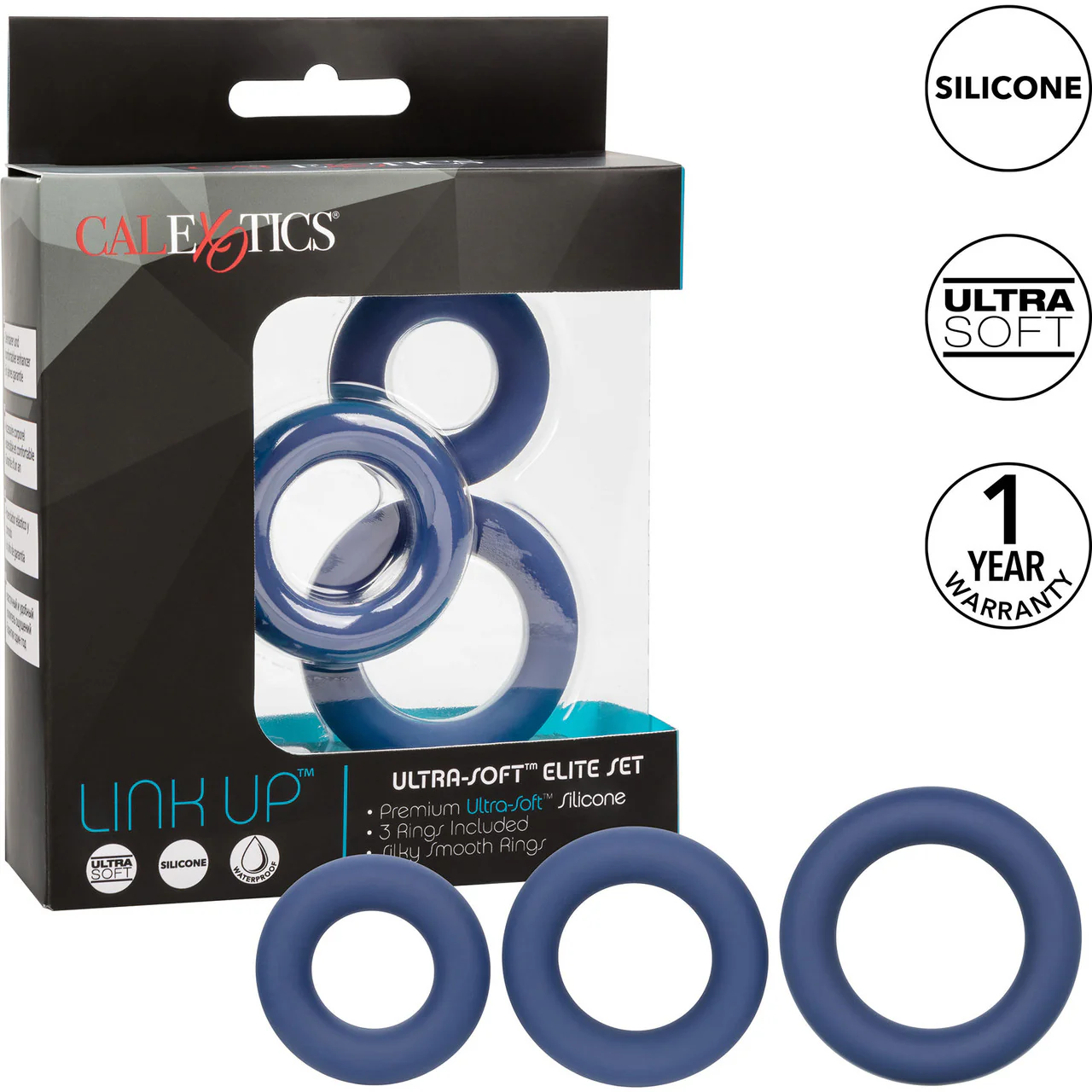 Link Up Ultra Soft Elite Silicone Cock Rings Set (Set of 3) By CalExotics - Blue - Image 8