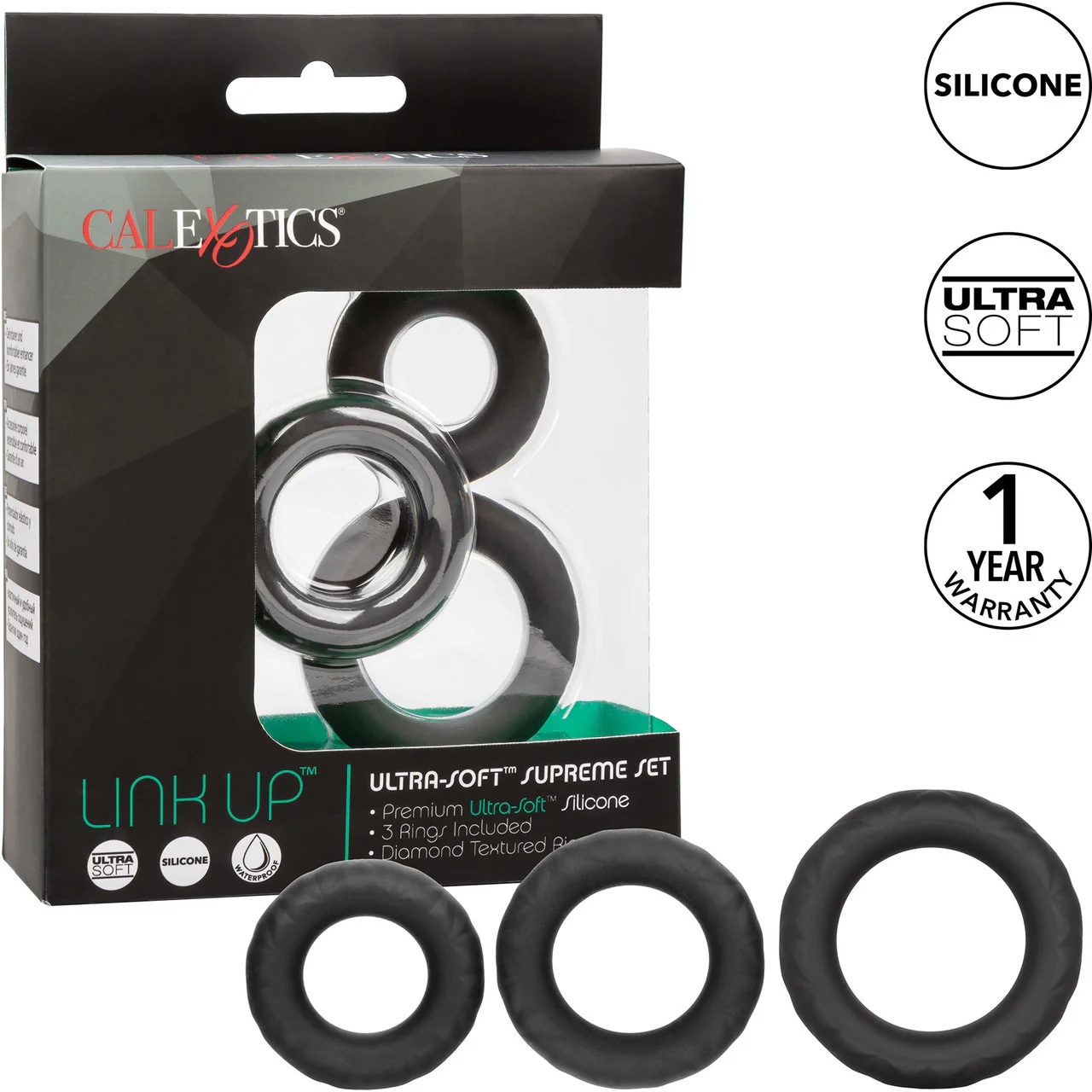 Link Up Ultra Soft Supreme Silicone Cock Rings Set (Set of 3) By CalExotics - Black - Image 8