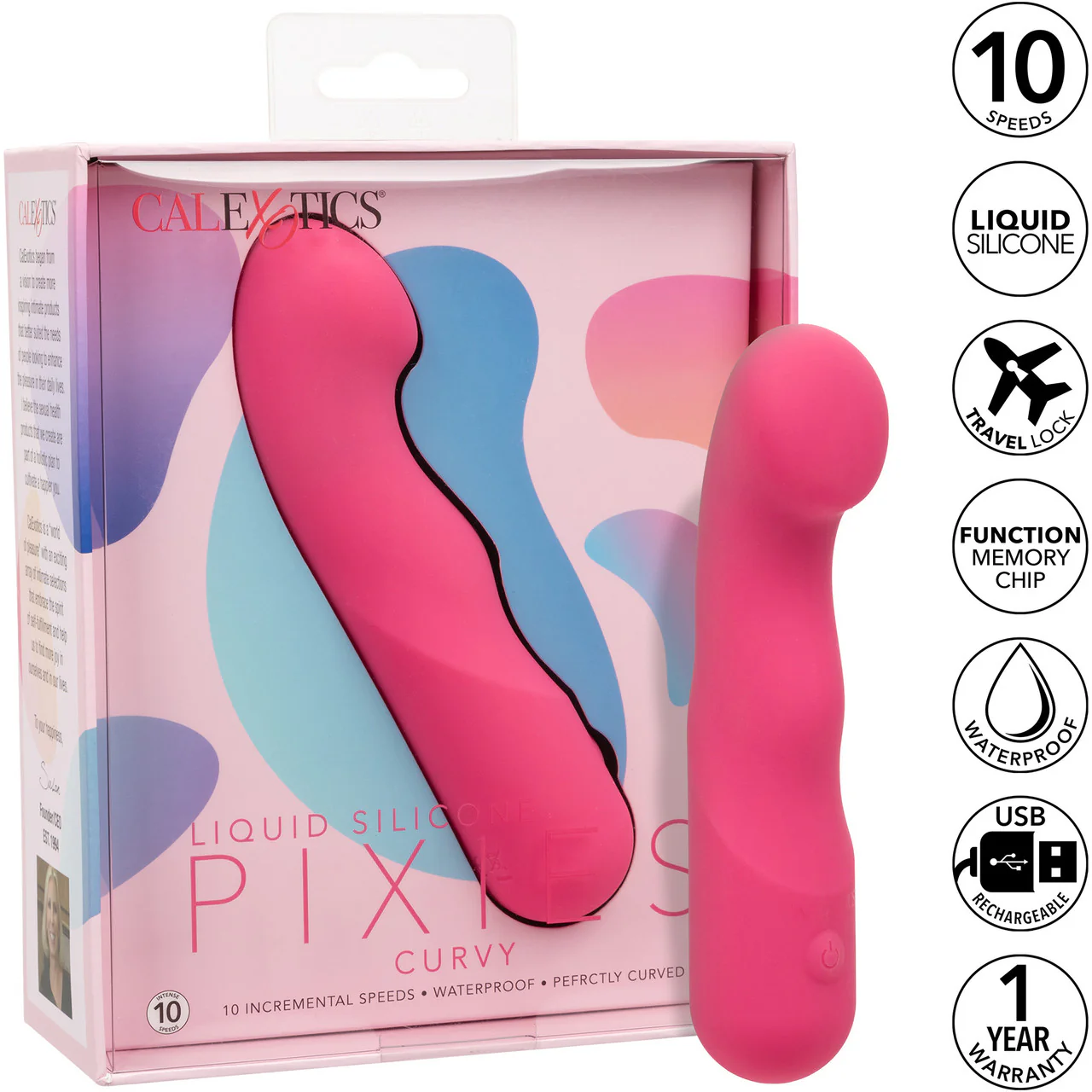 Liquid Silicone Pixies Curvy Rechargeable Waterproof Vibrator By CalExotics - Pink - Image 11