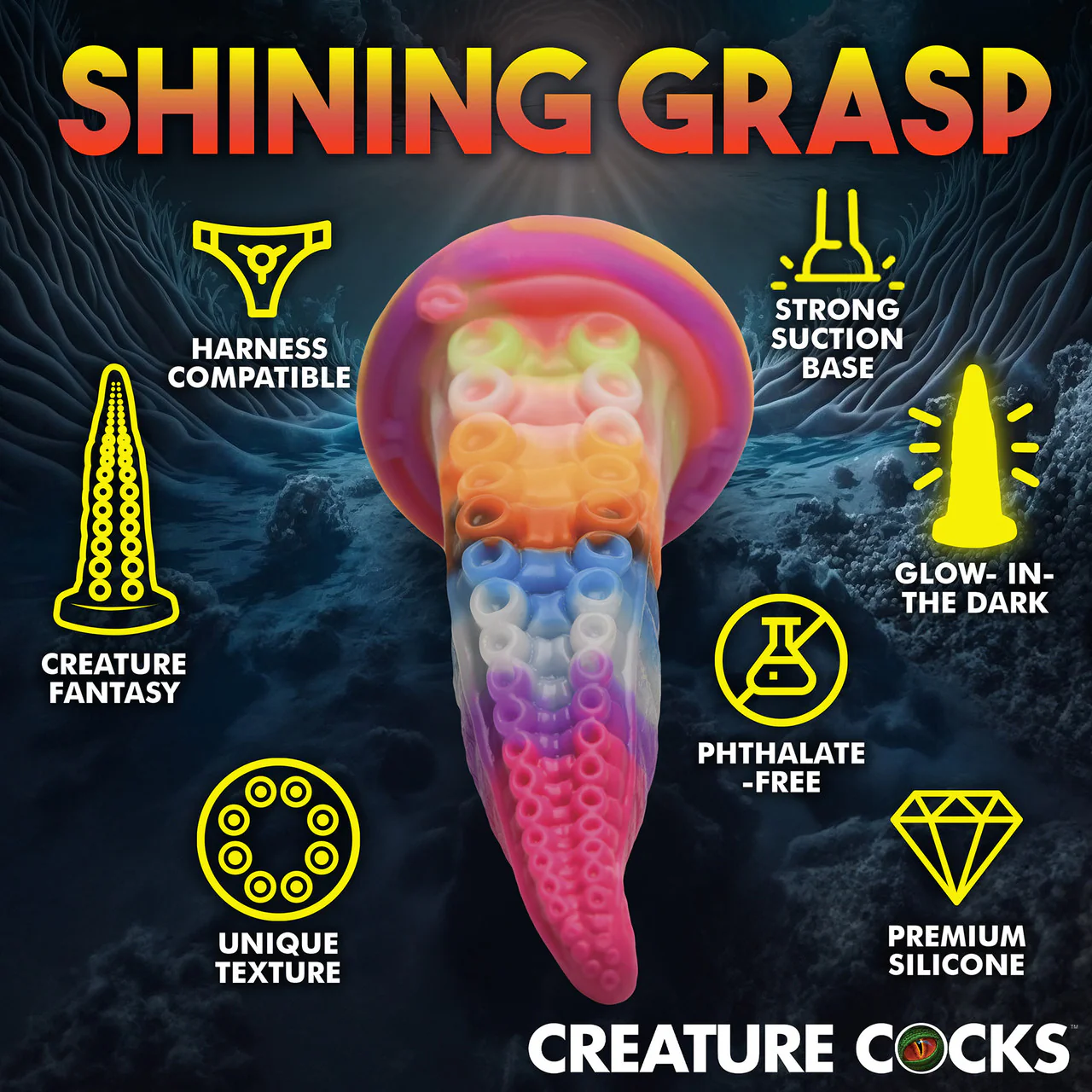 Luminoctopus 7.25" Glow In The Dark Tentacle Silicone Suction Cup Dildo By Creature Cocks - Image 12