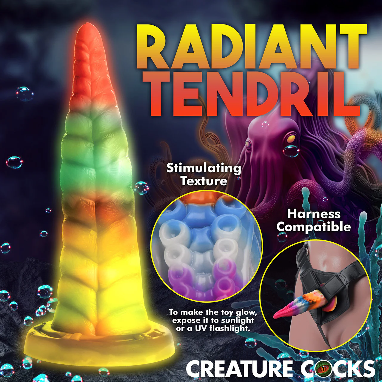 Luminoctopus 7.25" Glow In The Dark Tentacle Silicone Suction Cup Dildo By Creature Cocks - Image 14