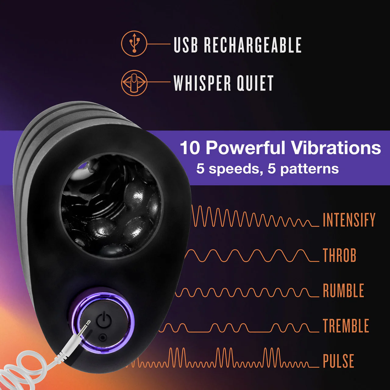 M Elite Platinum Strok Vibrating Rechargeable Silicone Double Ended Penis Masturbator By Blush - Black - Image 7