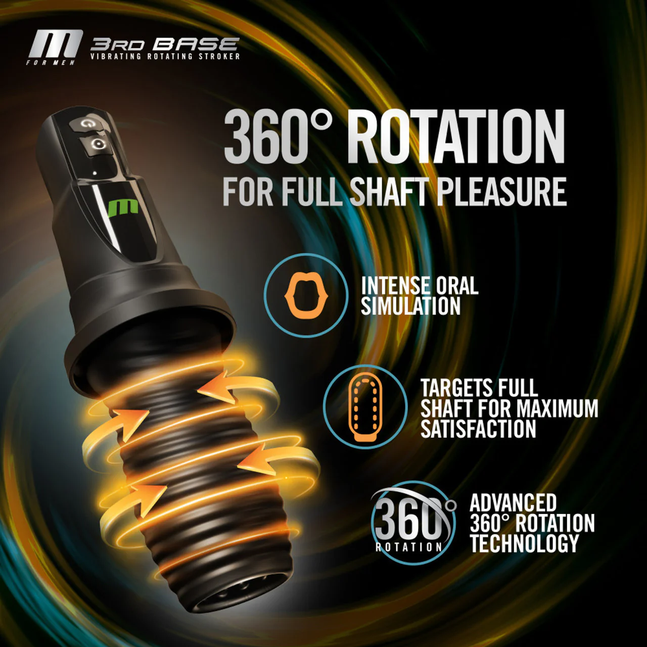 M For Men 3rd Base Rechargeable Vibrating & Rotating Oral Sex Penis Masturbator - Image 5