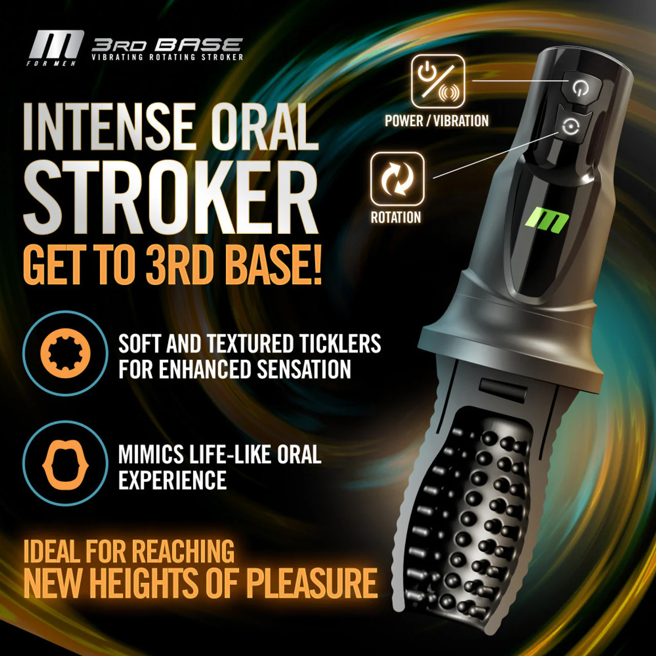 M For Men 3rd Base Rechargeable Vibrating & Rotating Oral Sex Penis Masturbator - Image 7