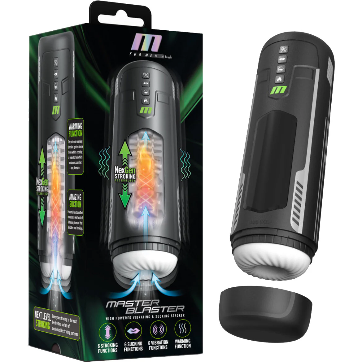 M For Men Master Blaster Rechargeable Warming, Stroking, Sucking, & Vibrating Penis Masturbator - Image 10