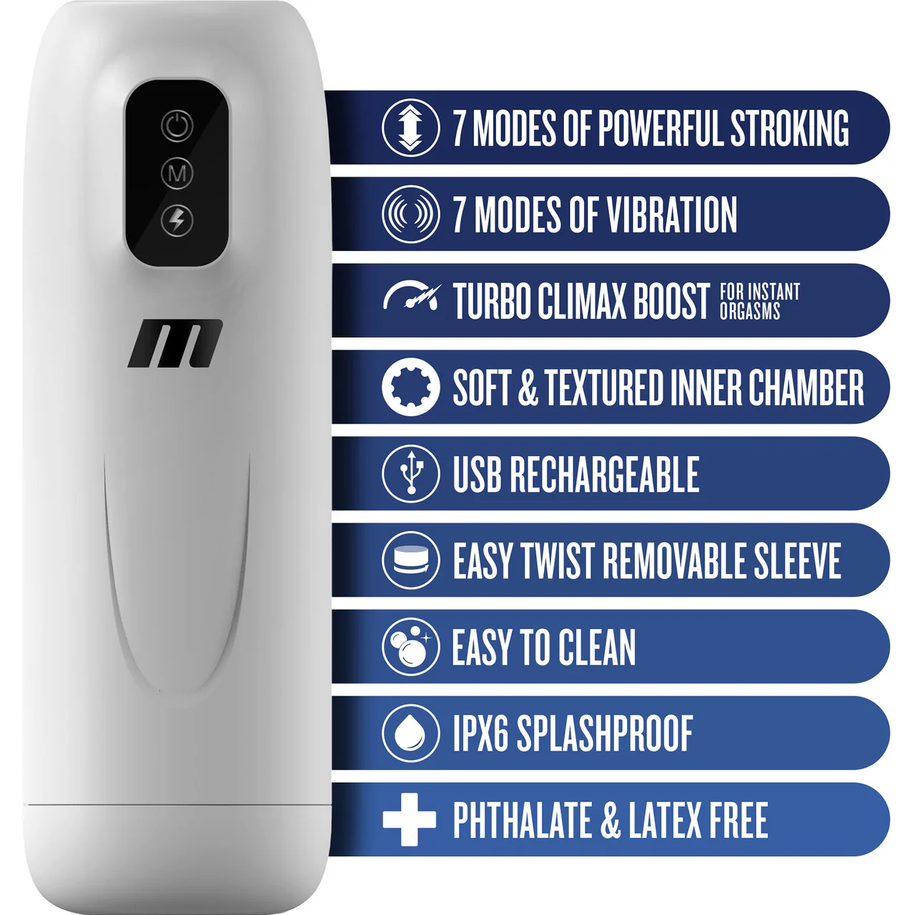 M For Men Robo-Bator Rechargeable Stroking Vibrating Penis Masturbator By Blush - White - Image 4