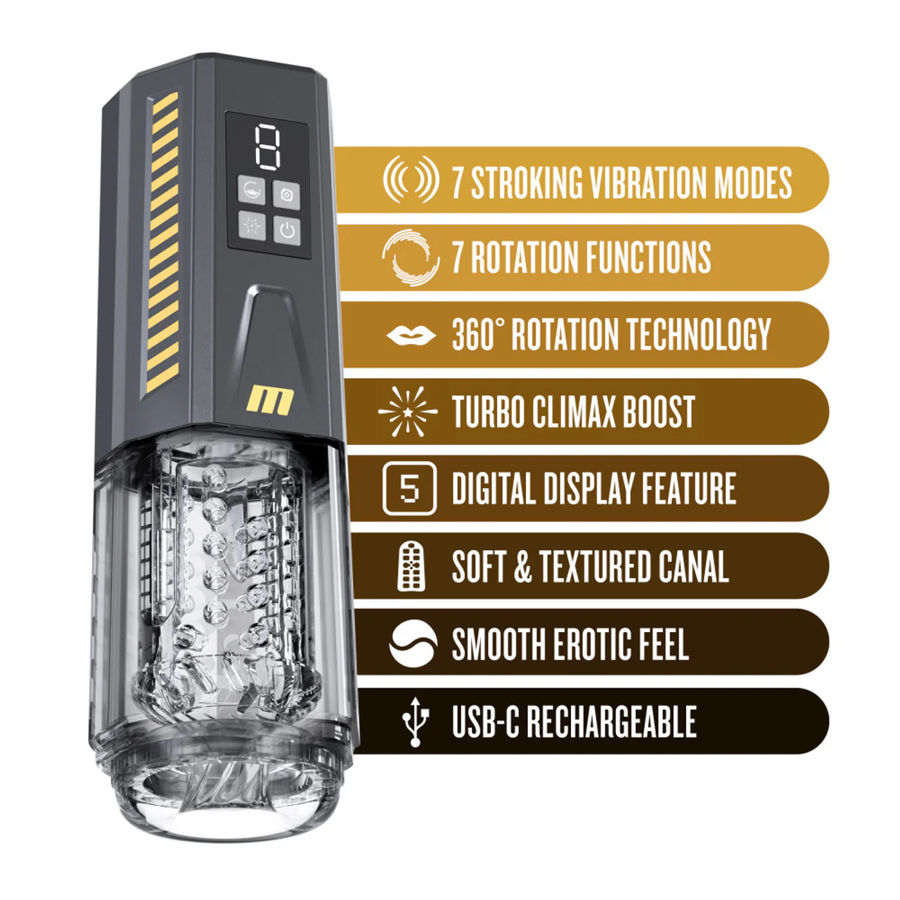 M For Men SpinMaster Pro Rechargeable Vibrating & Rotating Penis Masturbator With Digital Display - Image 3