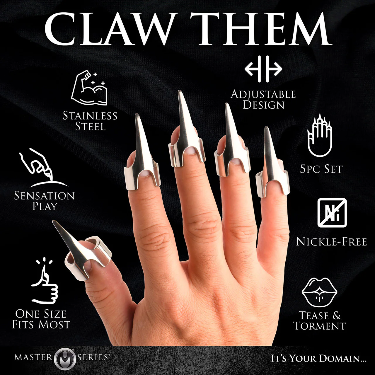 Master Series Clawed 5-Piece Sensational Fingertip Play Rings - Stainless Steel - Image 9