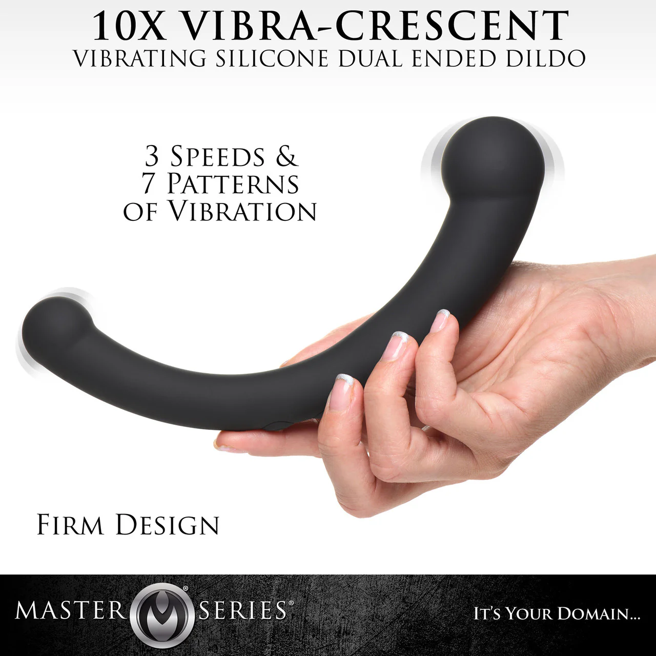 Master Series Vibra-Crescent Rechargeable Silicone Vibrating Dual Ended Dildo - Black - Image 5