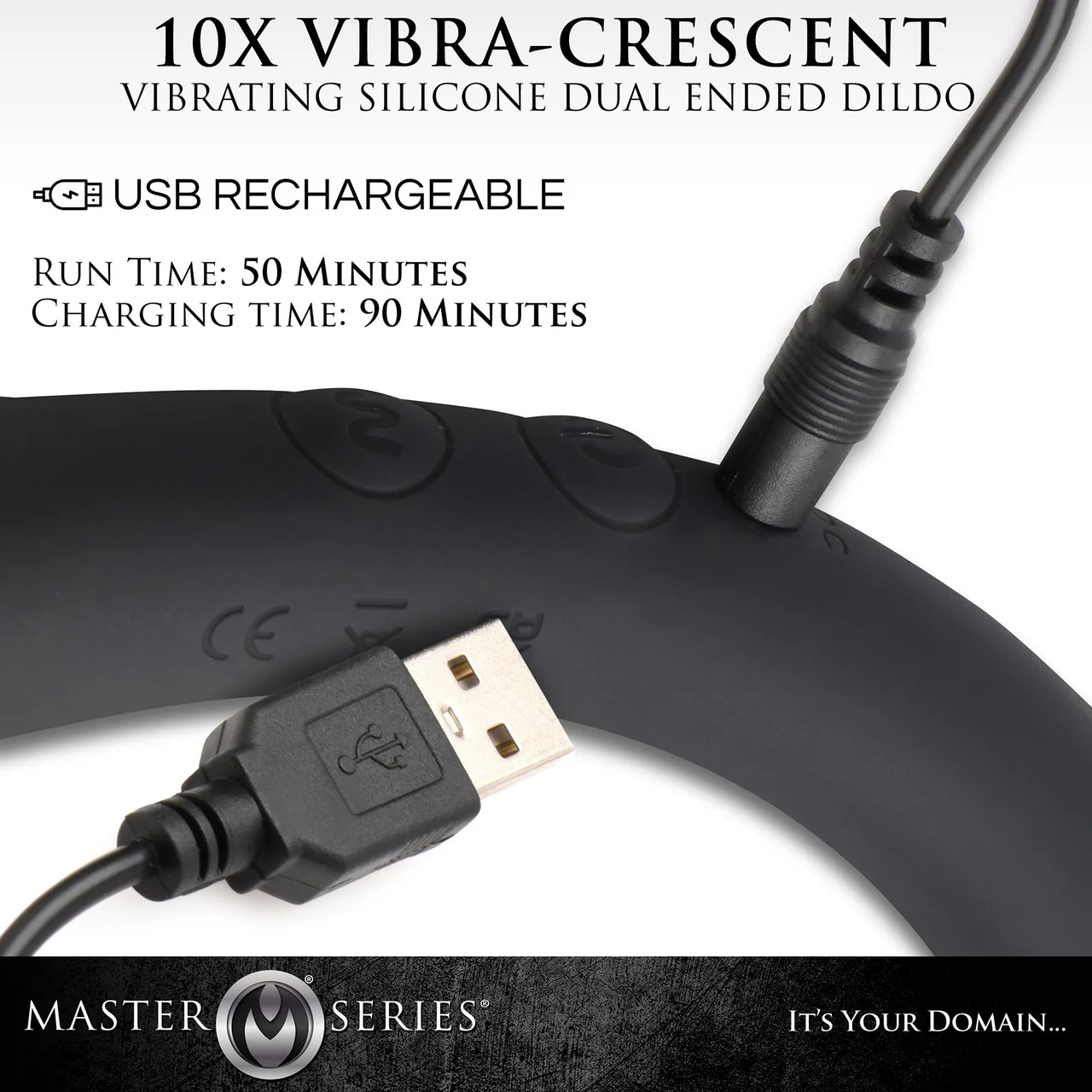 Master Series Vibra-Crescent Rechargeable Silicone Vibrating Dual Ended Dildo - Black - Image 7