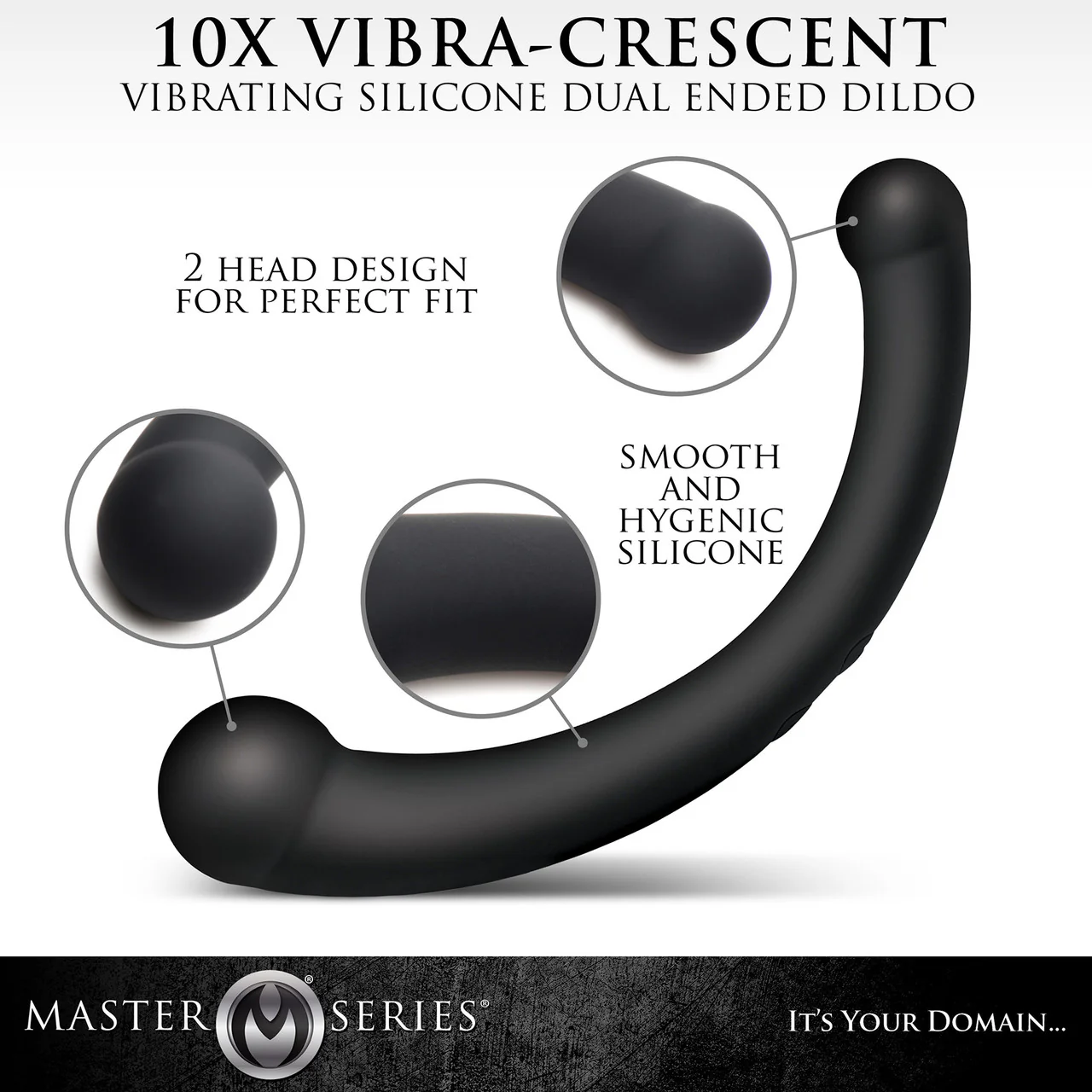 Master Series Vibra-Crescent Rechargeable Silicone Vibrating Dual Ended Dildo - Black - Image 8