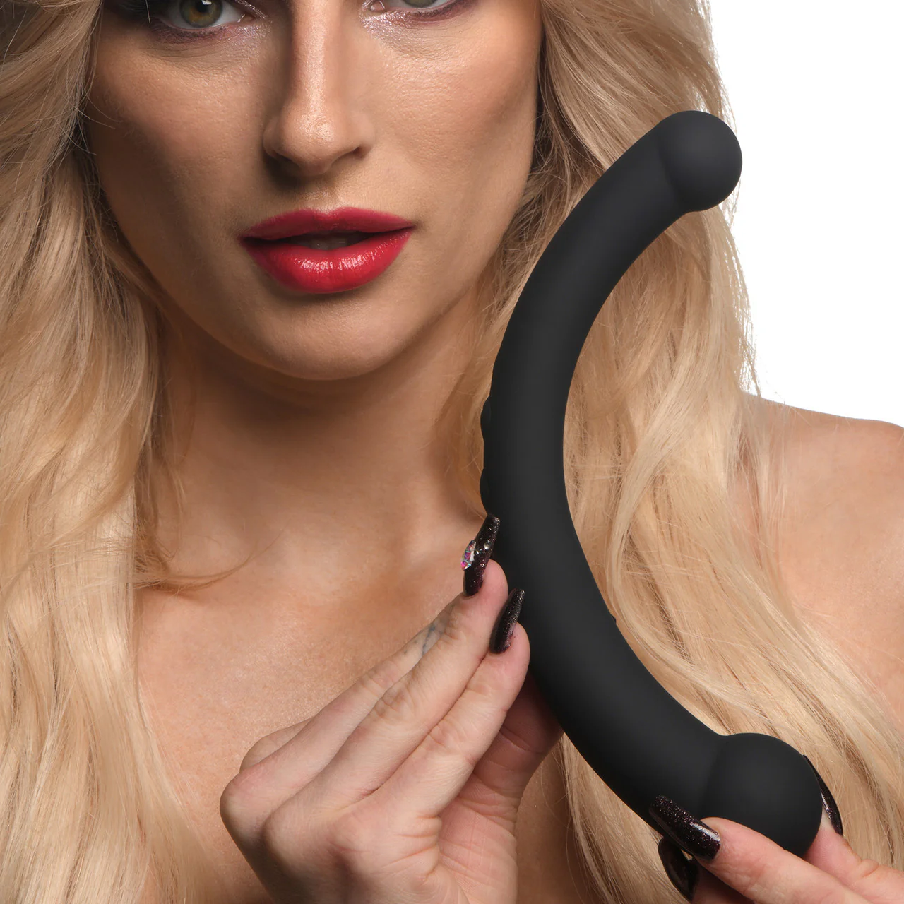 Master Series Vibra-Crescent Rechargeable Silicone Vibrating Dual Ended Dildo - Black - Image 9