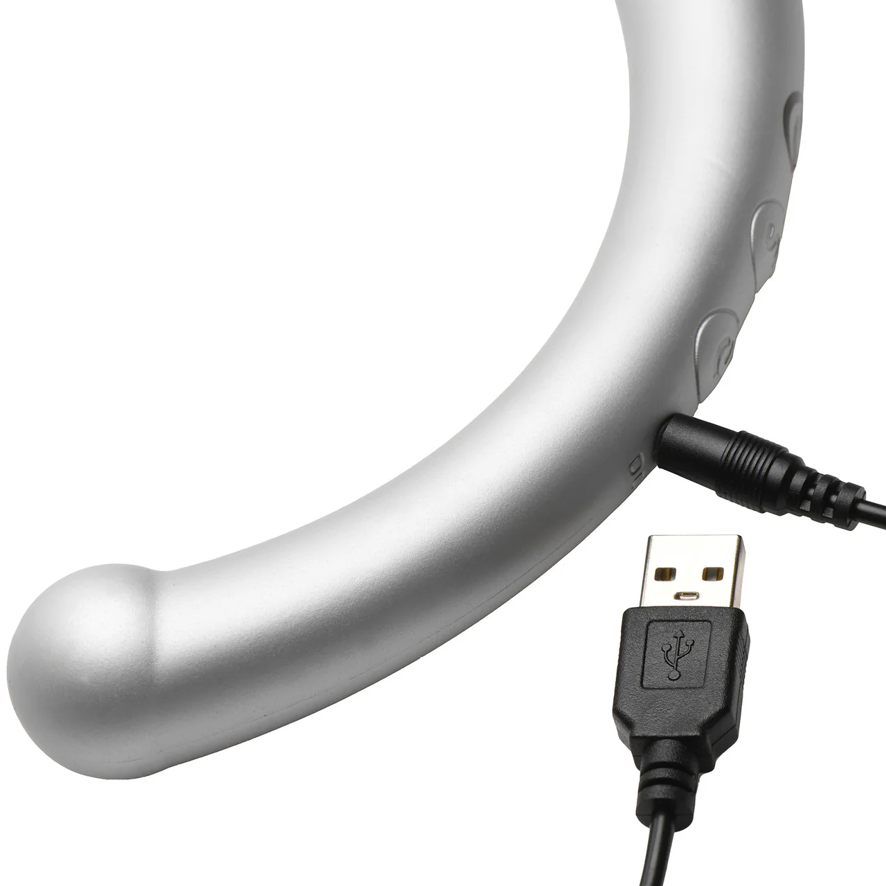 Master Series Vibra-Crescent Rechargeable Silicone Vibrating Dual Ended Dildo - Silver - Image 6