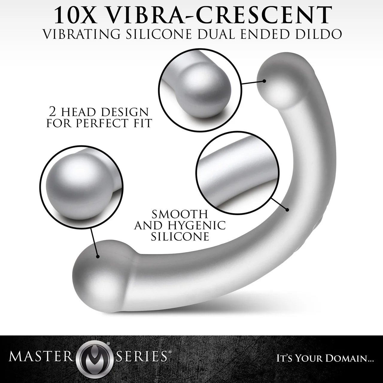 Master Series Vibra-Crescent Rechargeable Silicone Vibrating Dual Ended Dildo - Silver - Image 8