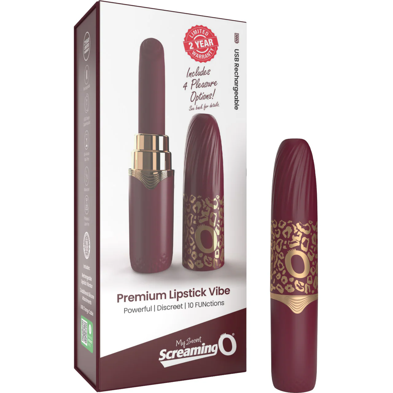 My Secret Premium Rechargeable Vibrating Lipstick With 4 Tips By Screaming O - Merlot - Image 7