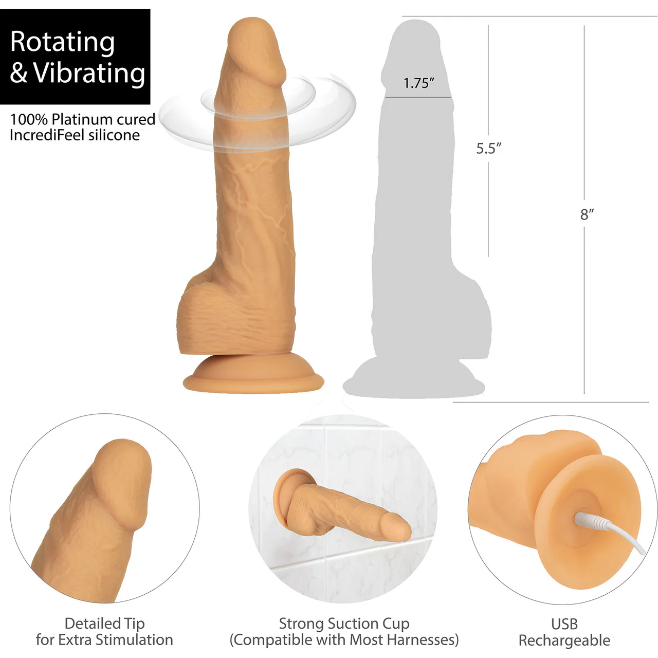 Naked Addiction Rotating & Vibrating 8" Silicone Suction Cup Dildo With Balls & Remote - Caramel - Image 12