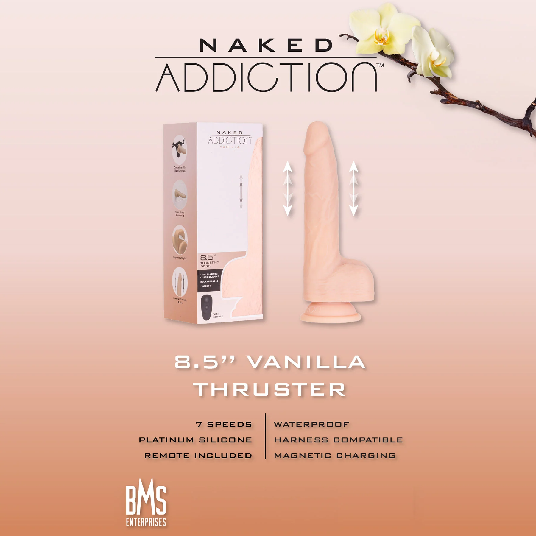 Naked Addiction Thrusting, Vibrating 8.5" Silicone Suction Cup Dildo With Balls & Remote - Image 5