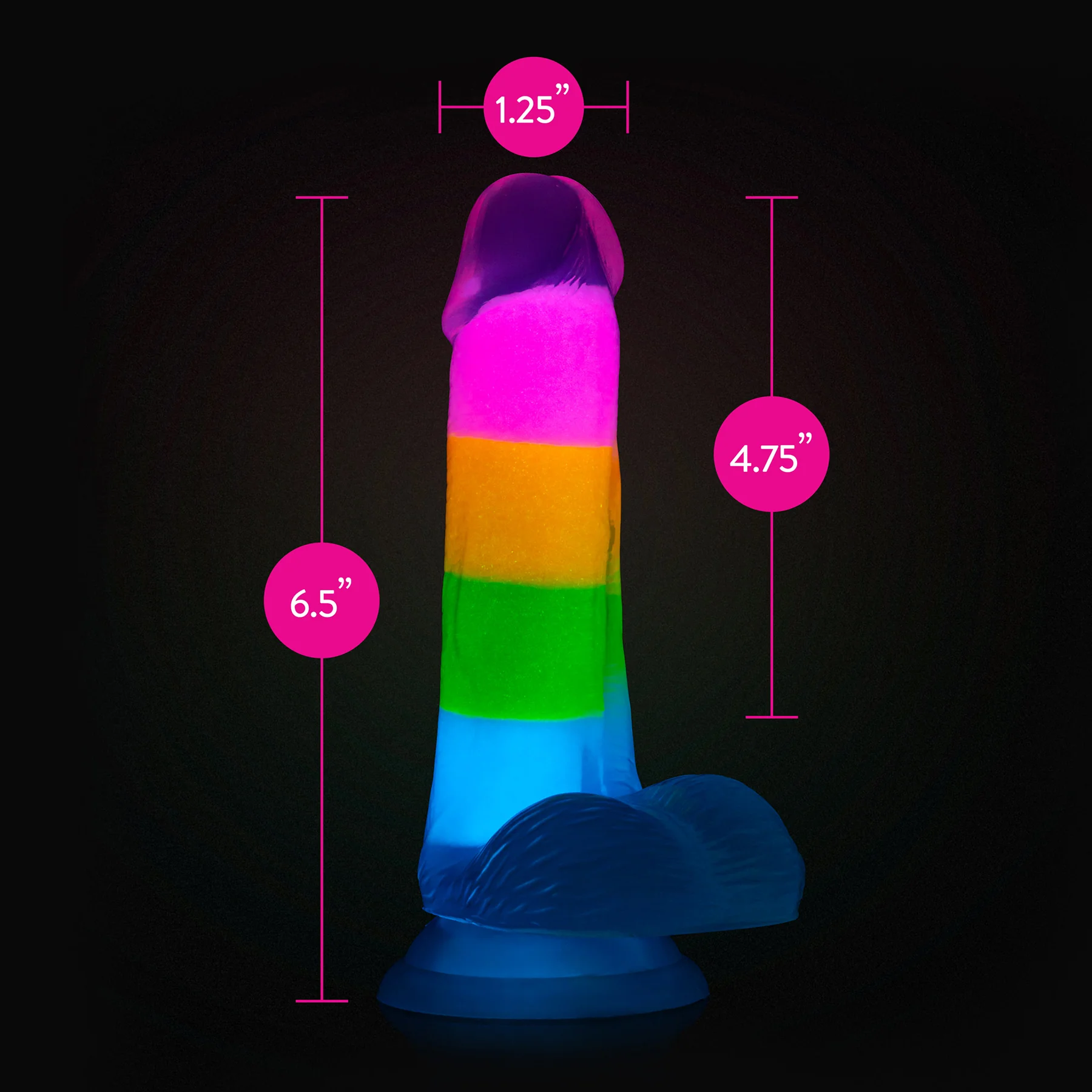 Neo Elite 6.5" Glow In The Dark Silicone Dual Density Dildo With Suction Cup & Balls By Blush - Rainbow Rave - Image 11