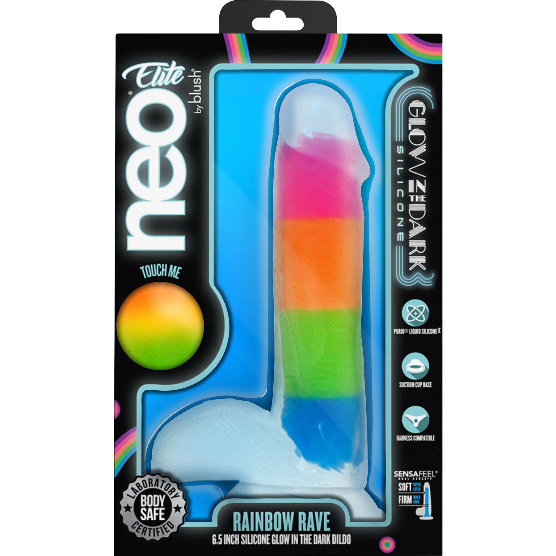 Neo Elite 6.5" Glow In The Dark Silicone Dual Density Dildo With Suction Cup & Balls By Blush - Rainbow Rave - Image 13