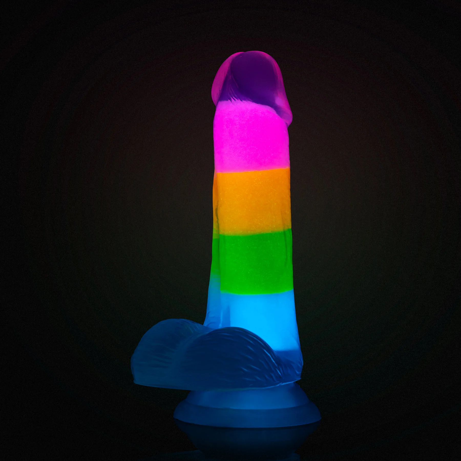 Neo Elite 6.5" Glow In The Dark Silicone Dual Density Dildo With Suction Cup & Balls By Blush - Rainbow Rave - Image 2