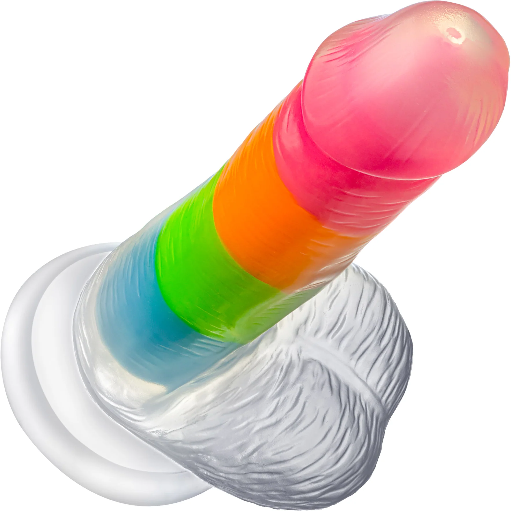 Neo Elite 6.5" Glow In The Dark Silicone Dual Density Dildo With Suction Cup & Balls By Blush - Rainbow Rave - Image 5